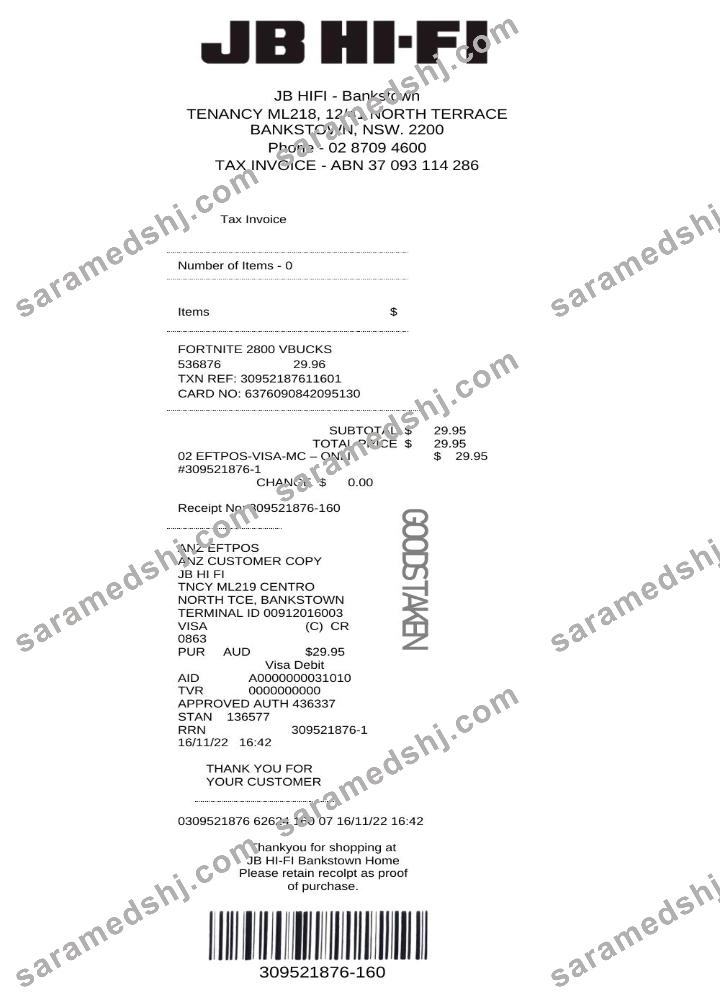 Australia JB Hi-Fi tax invoice